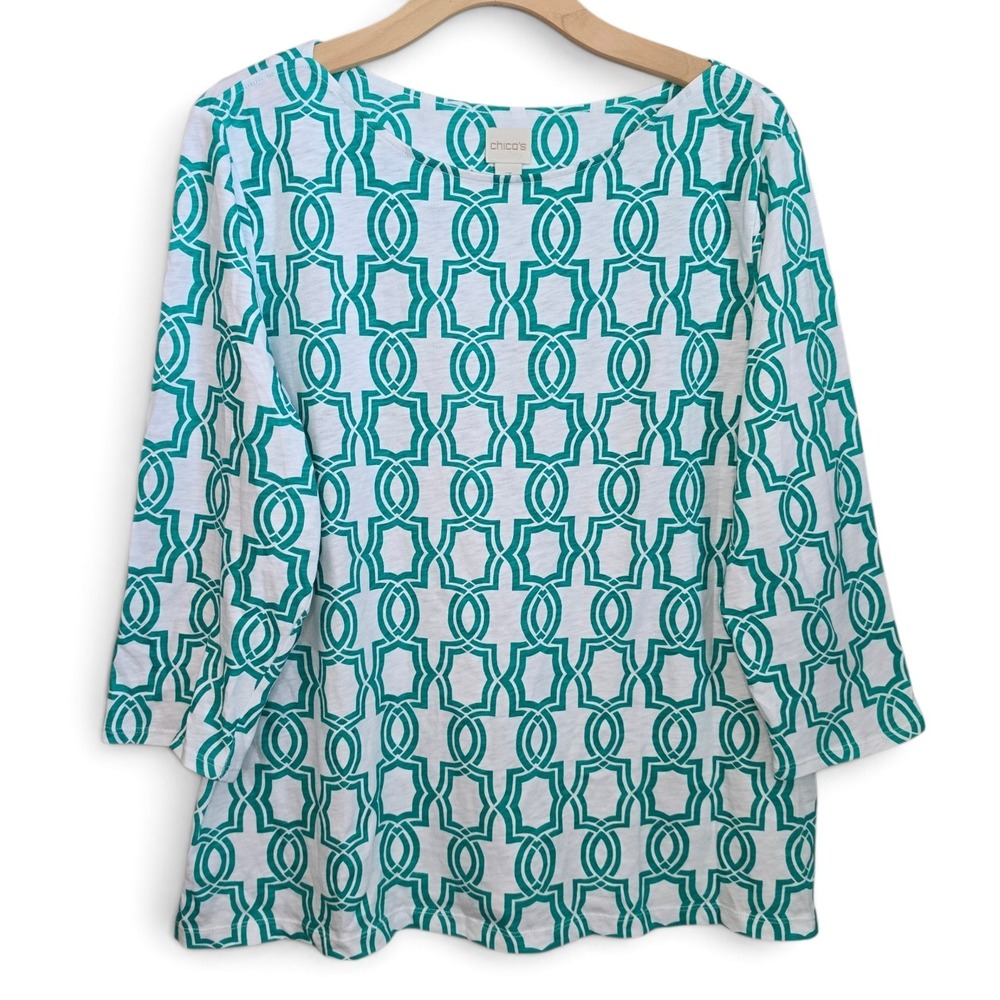 Chicos Top Women Size 3 XL 16 Green Trellis Geometric 3/4 Sleeve Slub Knit Tunic